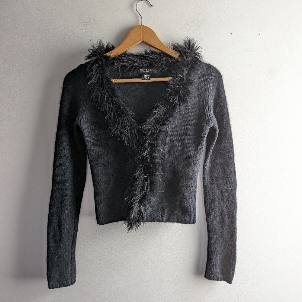 Vintage Betsey Johnson black angora rabbit hair feather trim cardigan sweater